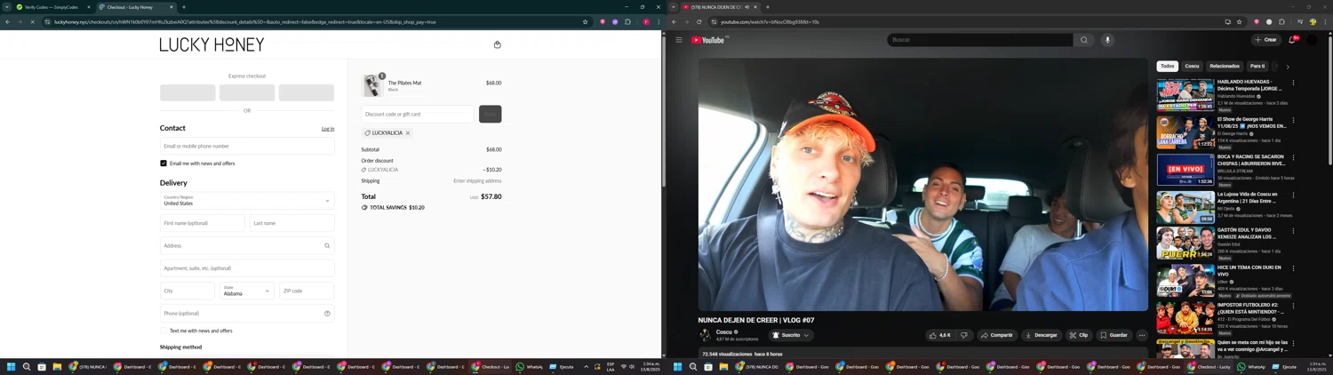 LUCKY HONEY discount code screenshot showing code LUCKYALICIA applied at LUCKY HONEY checkout page. Uploaded by SimplyCodes community member ExtraordinaryVirtuoso281 on Aug 13, 2025