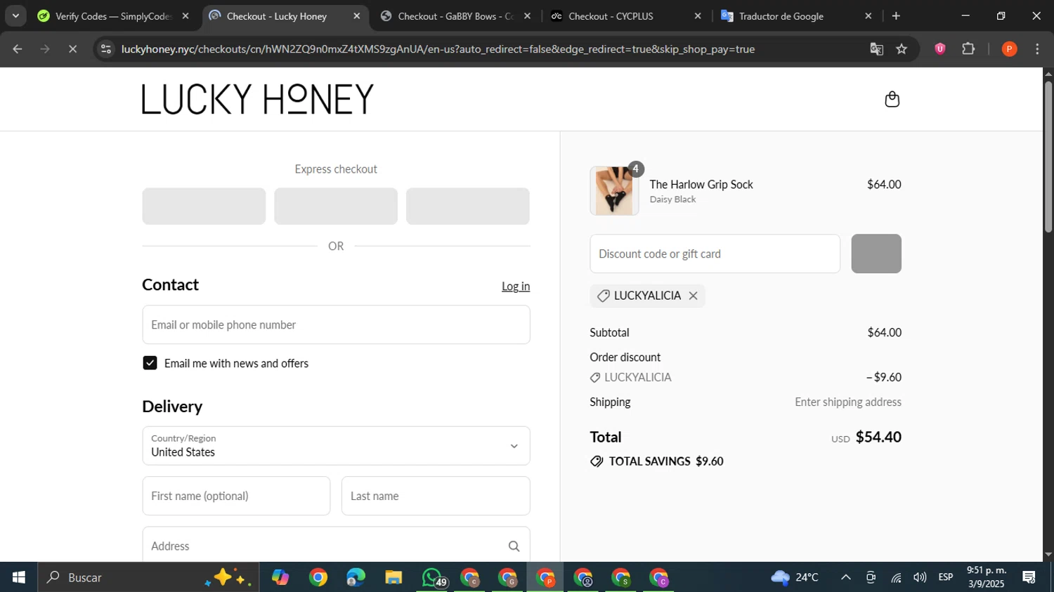 LUCKY HONEY discount code screenshot showing code LUCKYALICIA applied at LUCKY HONEY checkout page. Uploaded by SimplyCodes community member VictoriousCaptain2658 on Sep 4, 2025
