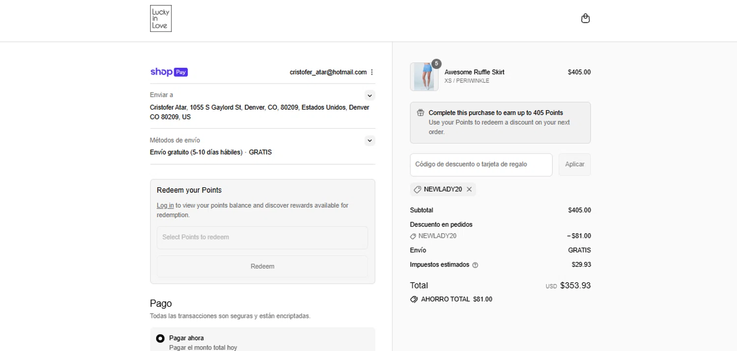 Lucky in Love discount code screenshot showing code newlady20 applied at Lucky in Love checkout page. Uploaded by SimplyCodes community member MariAPB on Jul 29, 2025