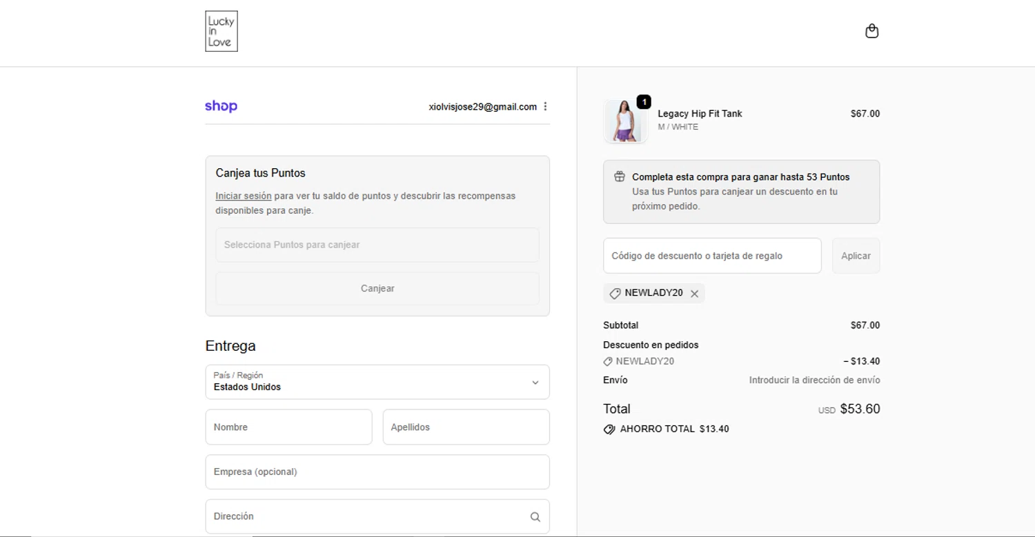 Lucky in Love discount code screenshot showing code newlady20 applied at Lucky in Love checkout page. Uploaded by SimplyCodes community member Xiooh29 on Dec 6, 2025