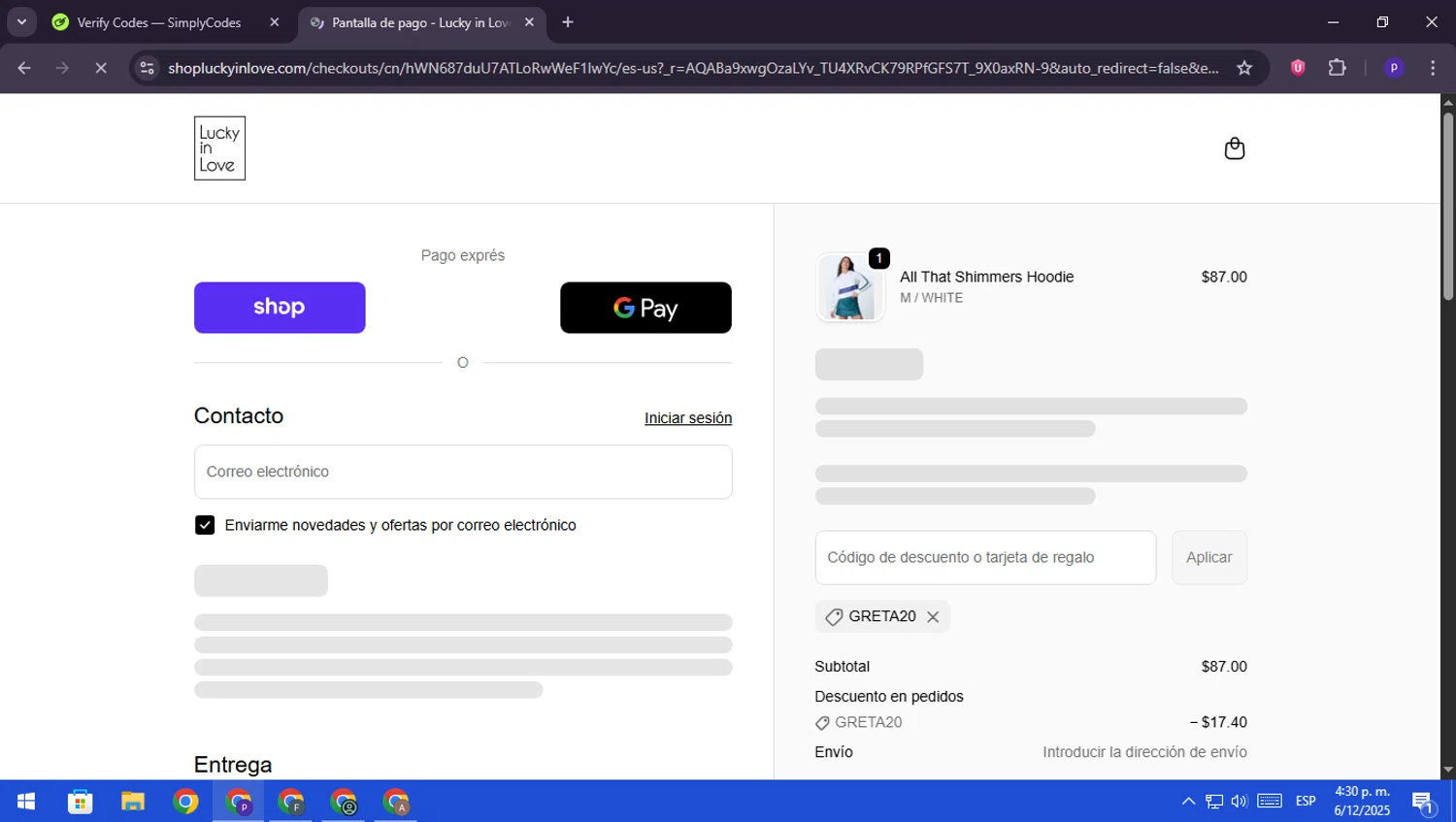 Lucky in Love discount code screenshot showing code GRETA20 applied at Lucky in Love checkout page. Uploaded by SimplyCodes community member RebateScout6612 on Dec 6, 2025