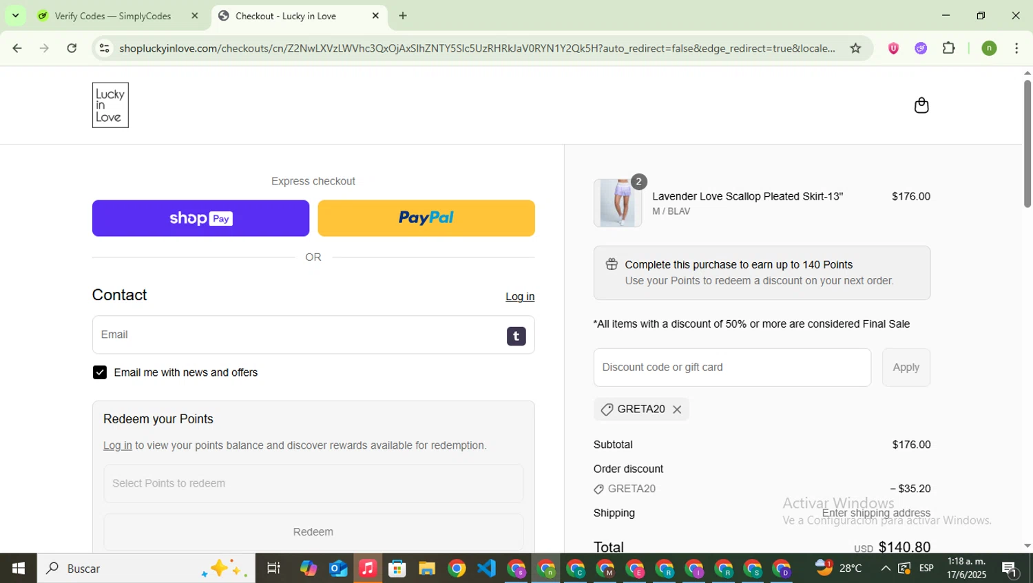 Lucky in Love discount code screenshot showing code GRETA20 applied at Lucky in Love checkout page. Uploaded by SimplyCodes community member SwiftSaver6197 on Jun 17, 2025