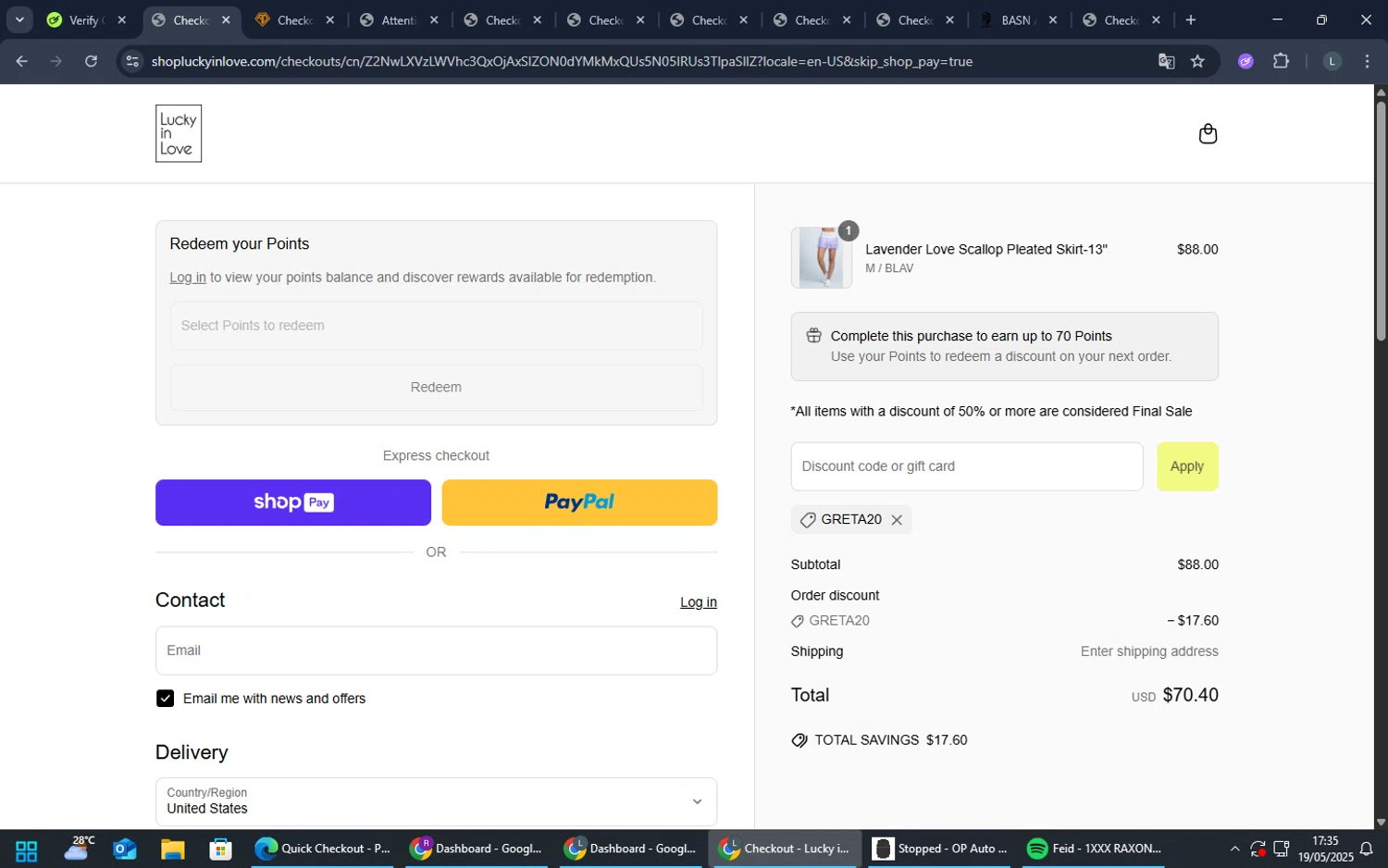 Lucky in Love discount code screenshot showing code GRETA20 applied at Lucky in Love checkout page. Uploaded by SimplyCodes community member TreasureMaestro5377 on May 19, 2025