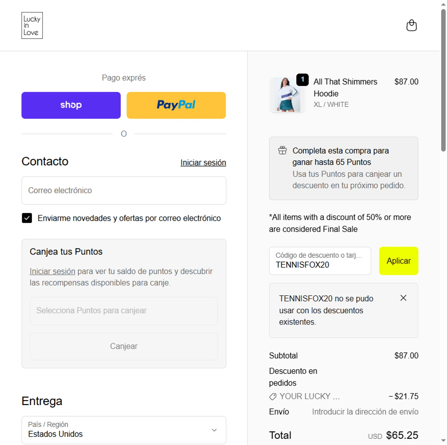 Lucky in Love discount code screenshot showing code TENNISFOX20 applied at Lucky in Love checkout page. Uploaded by SimplyCodes community member CleverHunter8386 on Nov 26, 2025
