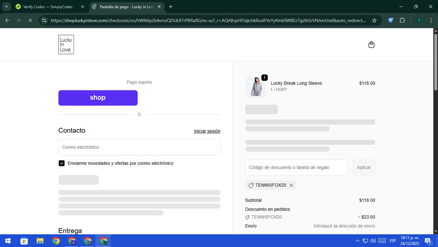 Lucky in Love discount code screenshot showing code TENNISFOX20 applied at Lucky in Love checkout page. Uploaded by SimplyCodes community member rodri1 on Dec 25, 2025