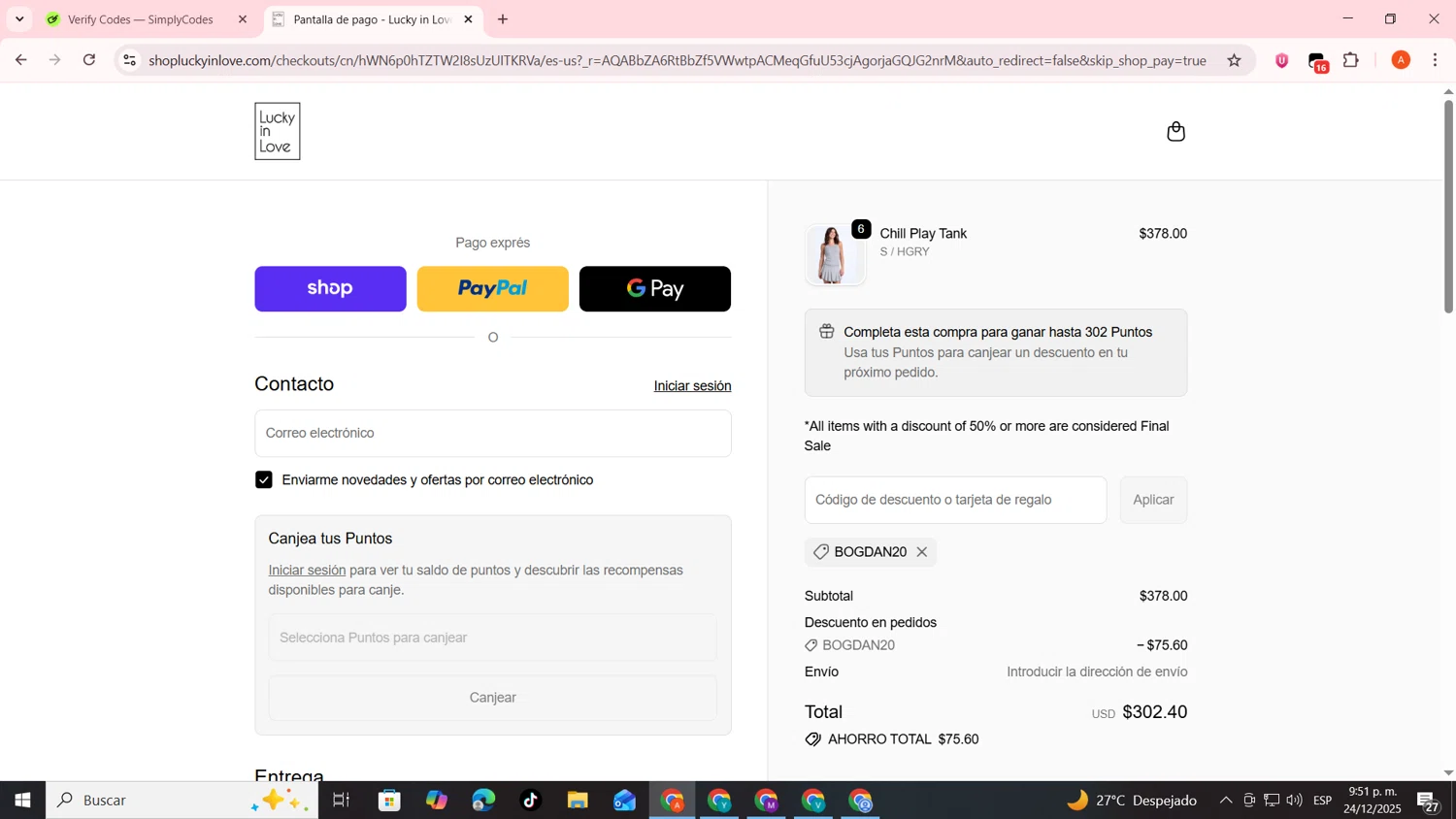 Lucky in Love discount code screenshot showing code BOGDAN20 applied at Lucky in Love checkout page. Uploaded by SimplyCodes community member FrugalSentinel6206 on Dec 25, 2025