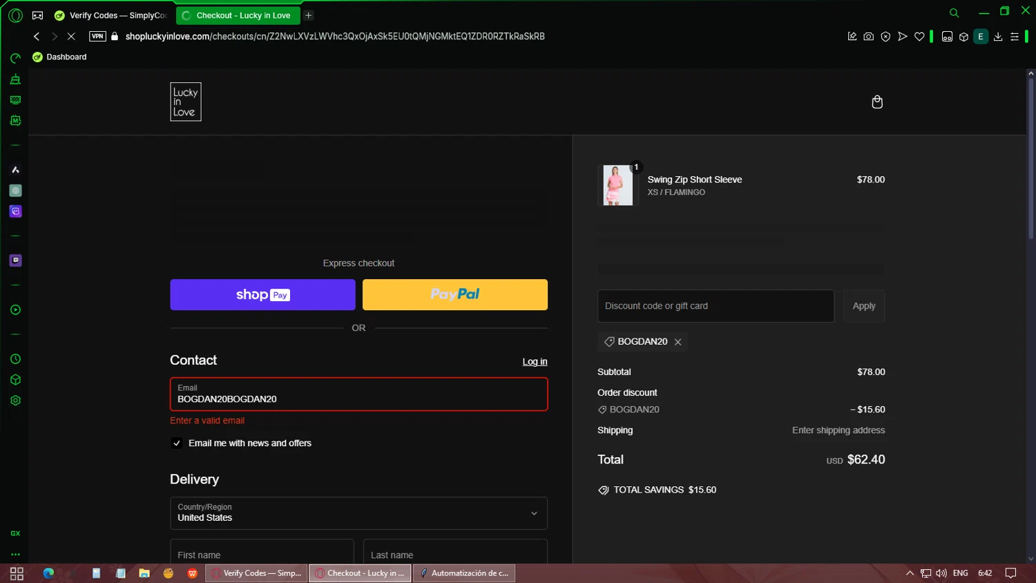 Lucky in Love discount code screenshot showing code BOGDAN20 applied at Lucky in Love checkout page. Uploaded by SimplyCodes community member protah on Mar 3, 2025