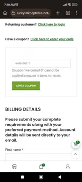 Lucky Link Peptides coupon verification screenshot