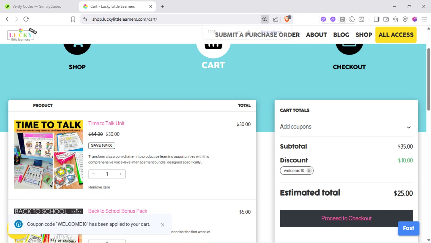 Lucky Little Learners coupon code screenshot showing code WELCOME10 applied at Lucky Little Learners checkout page. Uploaded by SimplyCodes community member SapeGato on Sep 22, 2025