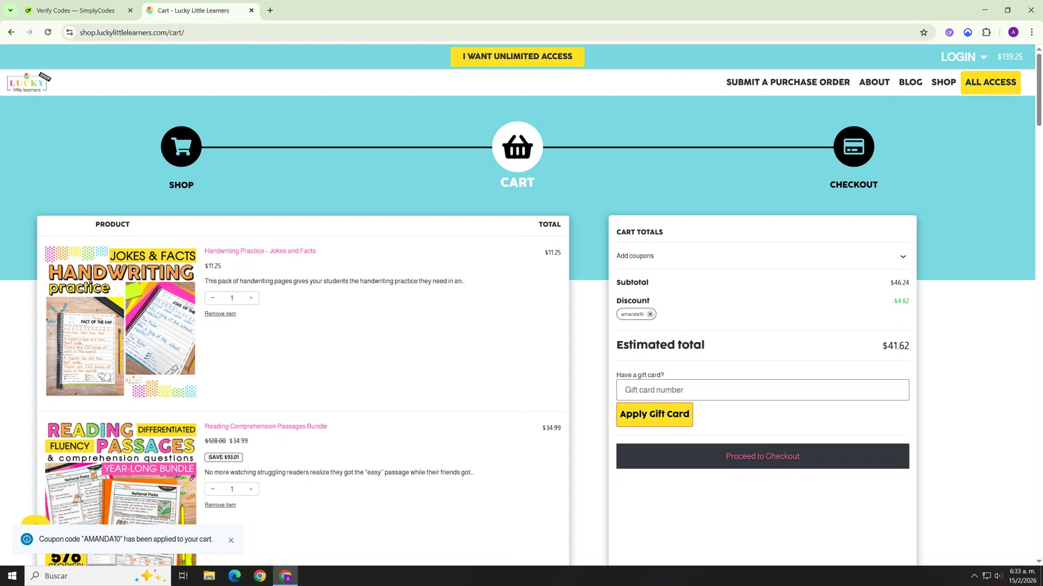 Lucky Little Learners checkout page showing Lucky Little Learners coupon code box | Screenshot taken by SimplyCodes community member on Feb 15, 2026