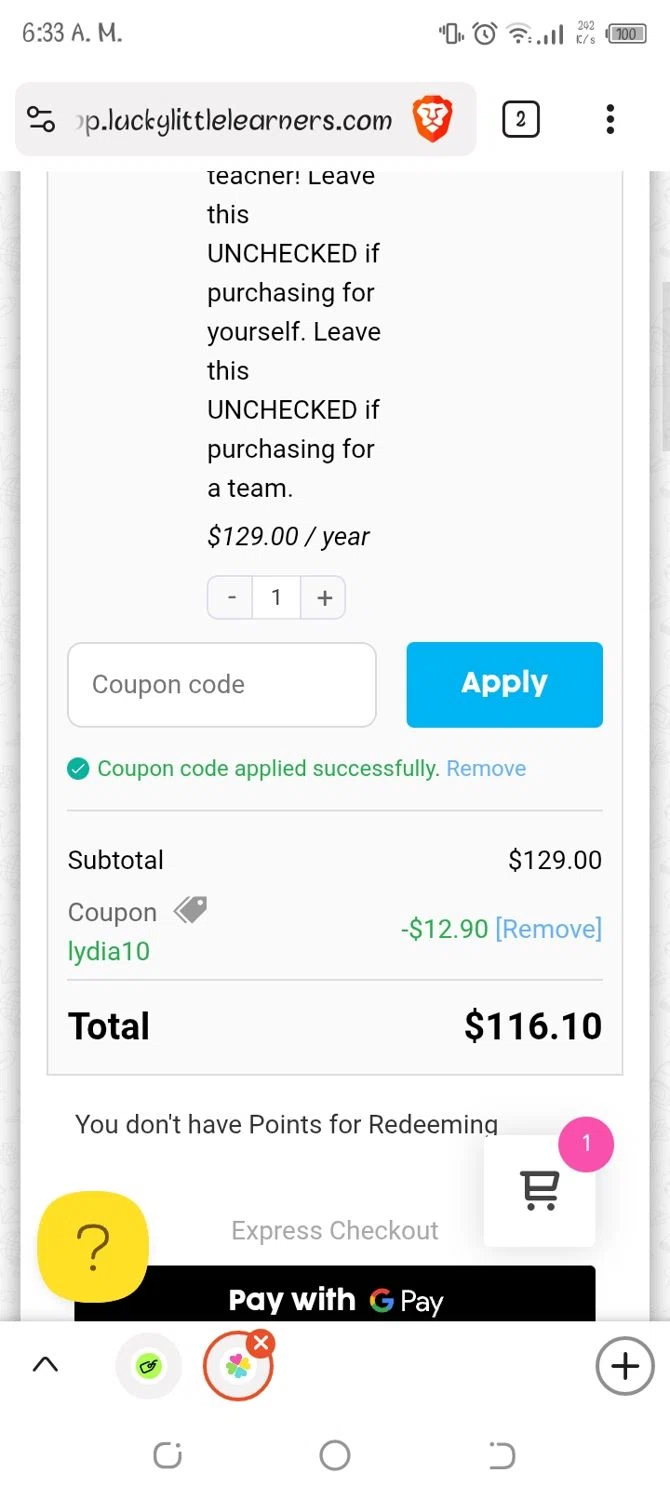 Lucky Little Learners checkout page showing Lucky Little Learners coupon code box | Screenshot taken by SimplyCodes community member on Feb 15, 2026