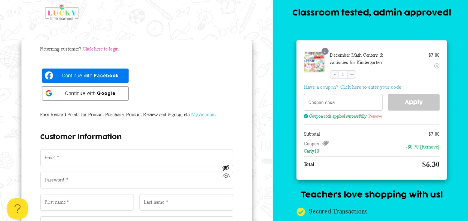Lucky Little Learners coupon code screenshot showing code CARLY10 applied at Lucky Little Learners checkout page. Uploaded by SimplyCodes community member BLUEBLASTOISE on Dec 19, 2025