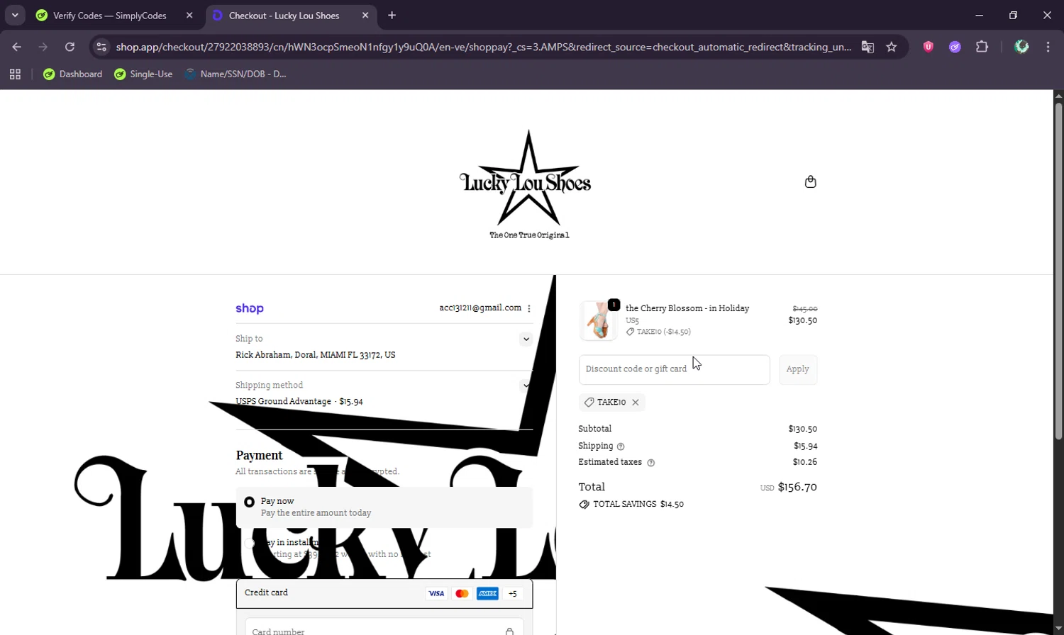 Lucky Lou Shoes promo code screenshot showing code TAKE10 applied at Lucky Lou Shoes checkout page. Uploaded by SimplyCodes community member BudgetWizard6950 on Oct 6, 2025