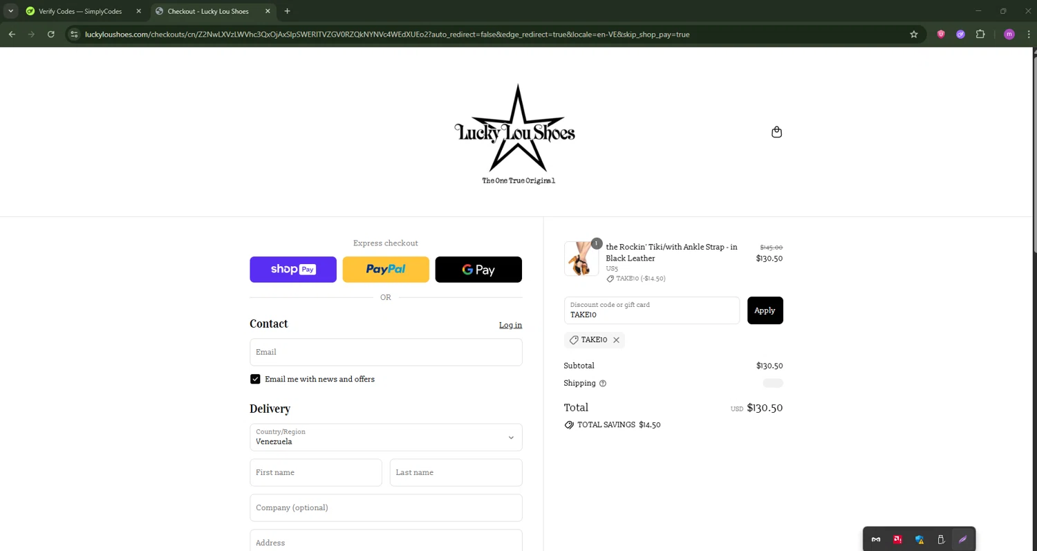 Lucky Lou Shoes promo code screenshot showing code TAKE10 applied at Lucky Lou Shoes checkout page. Uploaded by SimplyCodes community member PennyWizard1195 on Jul 10, 2025