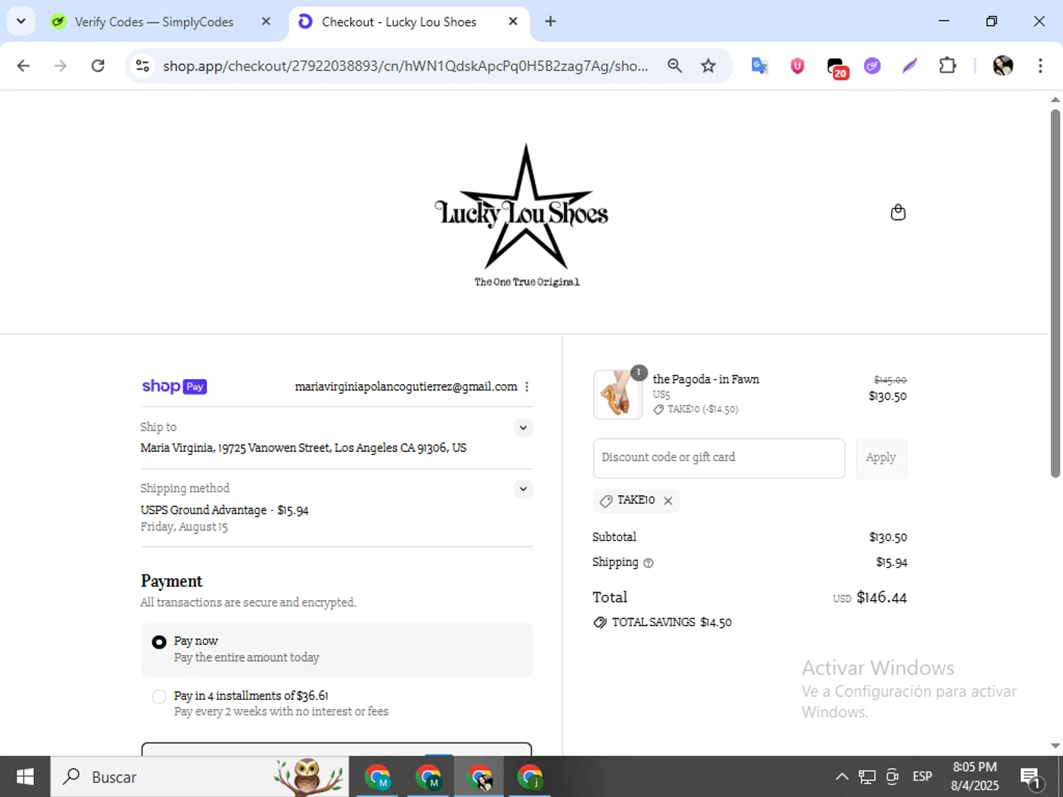 Lucky Lou Shoes promo code screenshot showing code TAKE10 applied at Lucky Lou Shoes checkout page. Uploaded by SimplyCodes community member mariapolancog on Aug 5, 2025