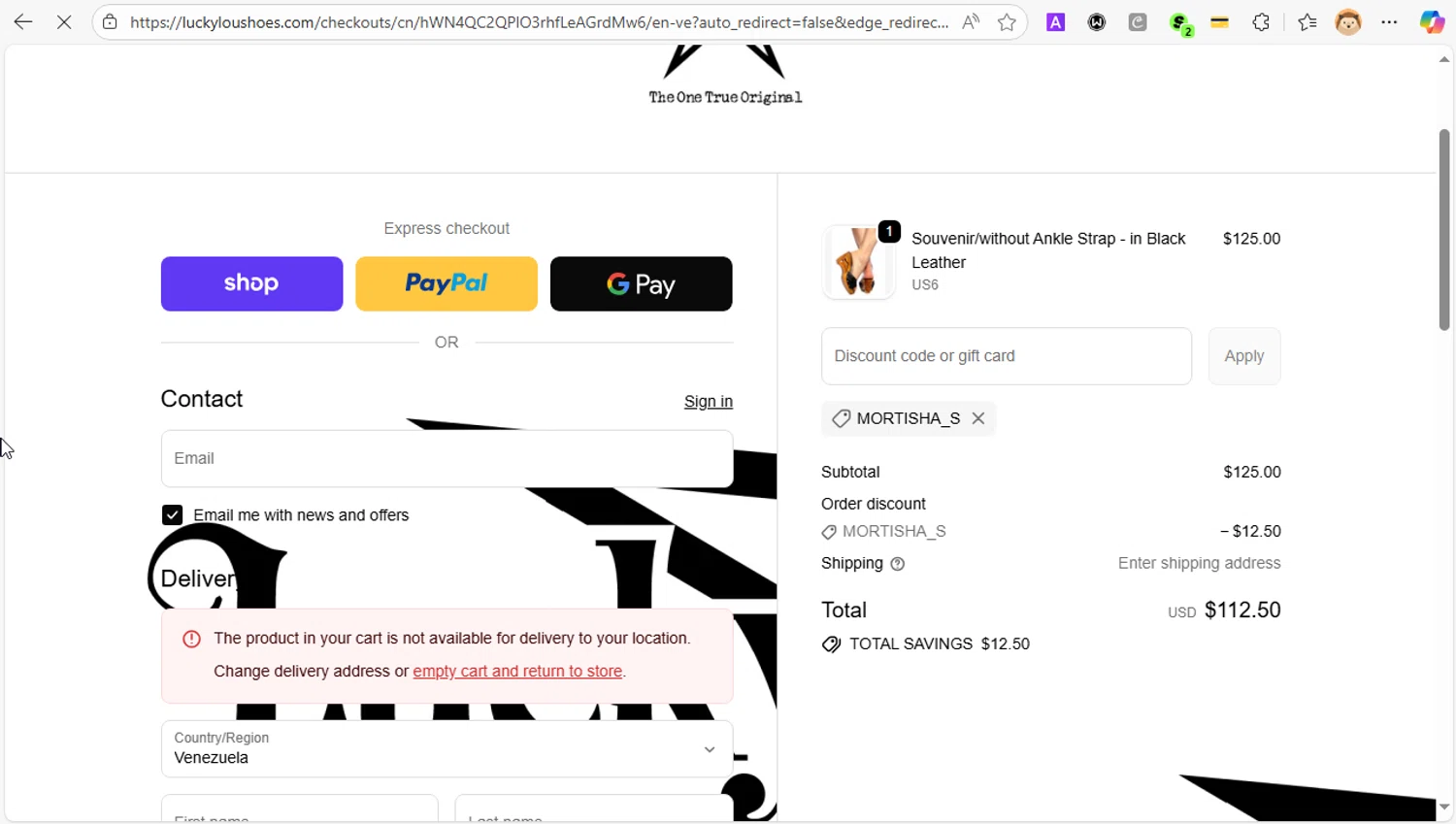 Lucky Lou Shoes promo code screenshot showing code MORTISHA_S applied at Lucky Lou Shoes checkout page. Uploaded by SimplyCodes community member LOVECOUPON on Oct 22, 2025