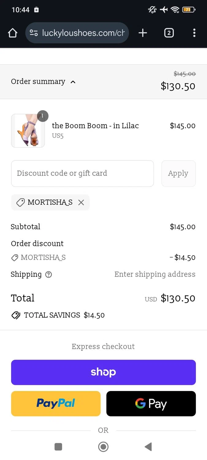 Lucky Lou Shoes promo code screenshot showing code MORTISHA_S applied at Lucky Lou Shoes checkout page. Uploaded by SimplyCodes community member RoyalSpotter5217 on Aug 30, 2025