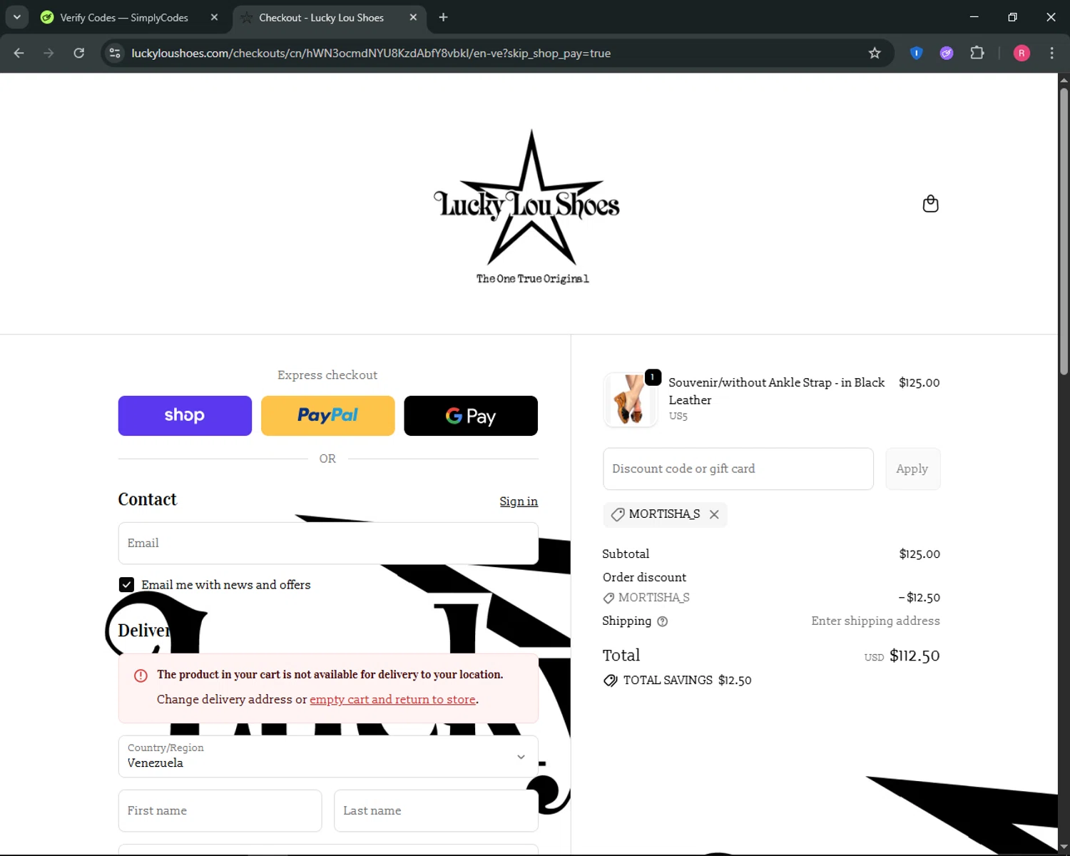 Lucky Lou Shoes promo code screenshot showing code MORTISHA_S applied at Lucky Lou Shoes checkout page. Uploaded by SimplyCodes community member ThriftyGuardian8485 on Oct 6, 2025