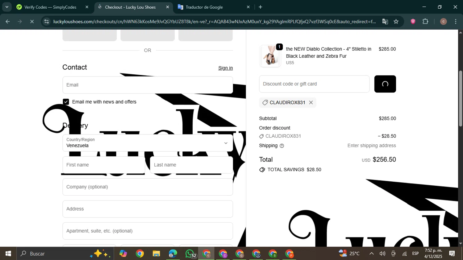 Lucky Lou Shoes promo code screenshot showing code Claudirox831 applied at Lucky Lou Shoes checkout page. Uploaded by SimplyCodes community member NobleExpert6497 on Dec 4, 2025