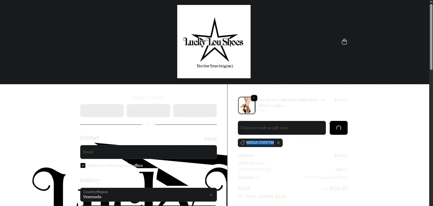 Lucky Lou Shoes promo code screenshot showing code MISSAUDREYM applied at Lucky Lou Shoes checkout page. Uploaded by SimplyCodes community member TreasureMaestro5413 on Oct 10, 2025