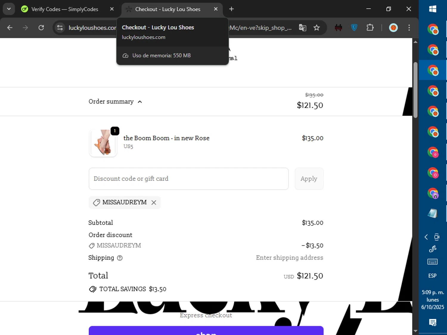 Lucky Lou Shoes promo code screenshot showing code MISSAUDREYM applied at Lucky Lou Shoes checkout page. Uploaded by SimplyCodes community member ValiantWarden8956 on Oct 6, 2025