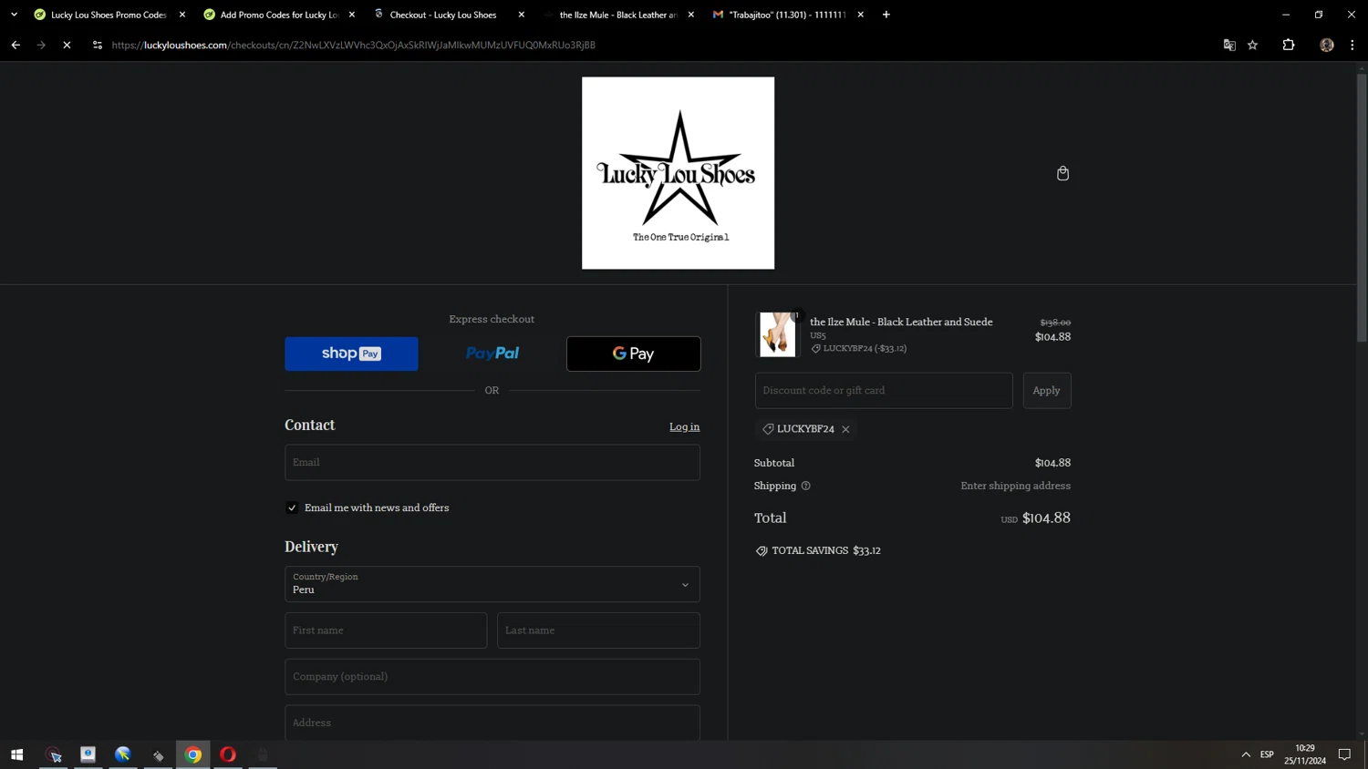 Lucky Lou Shoes promo code screenshot showing code LUCKYBF24 applied at Lucky Lou Shoes checkout page. Uploaded by SimplyCodes community member MarcosAranguren on Nov 25, 2024