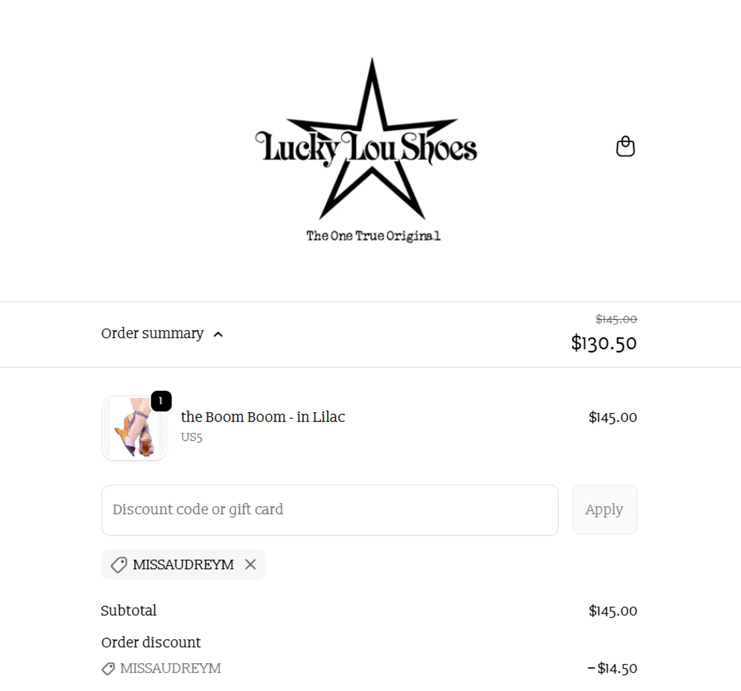 Lucky Lou Shoes promo code screenshot showing code MISSAUDREYM applied at Lucky Lou Shoes checkout page. Uploaded by SimplyCodes community member becomeaware on Sep 23, 2025