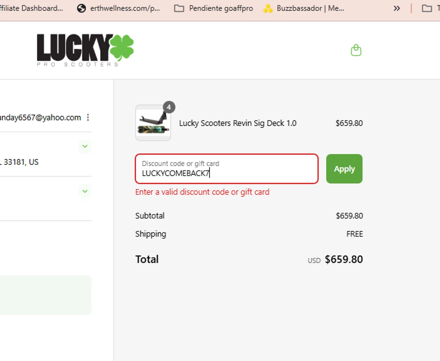Lucky Scooters promo code screenshot showing code LUCKYCOMEBACK7 applied at Lucky Scooters checkout page. Uploaded by SimplyCodes community member luisaballera on Aug 7, 2025