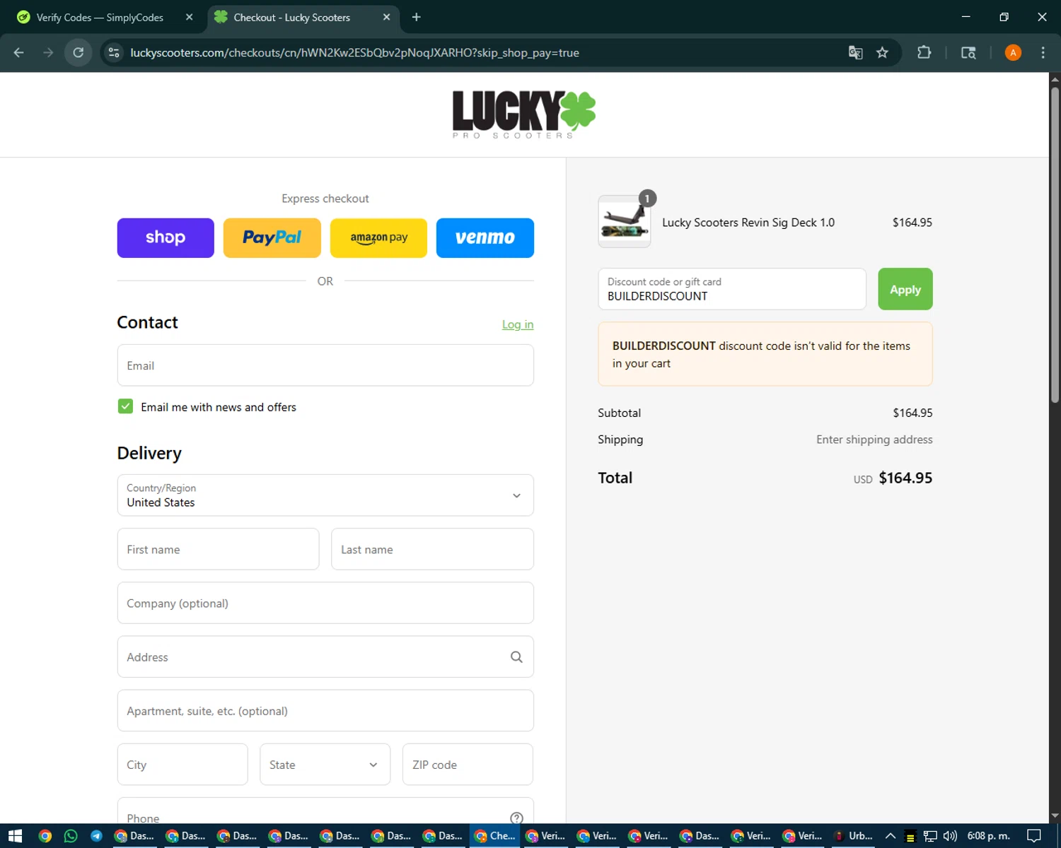 Lucky Scooters promo code screenshot showing code BUILDERDISCOUNT applied at Lucky Scooters checkout page. Uploaded by SimplyCodes community member MoneyPhoenix4664 on Aug 28, 2025