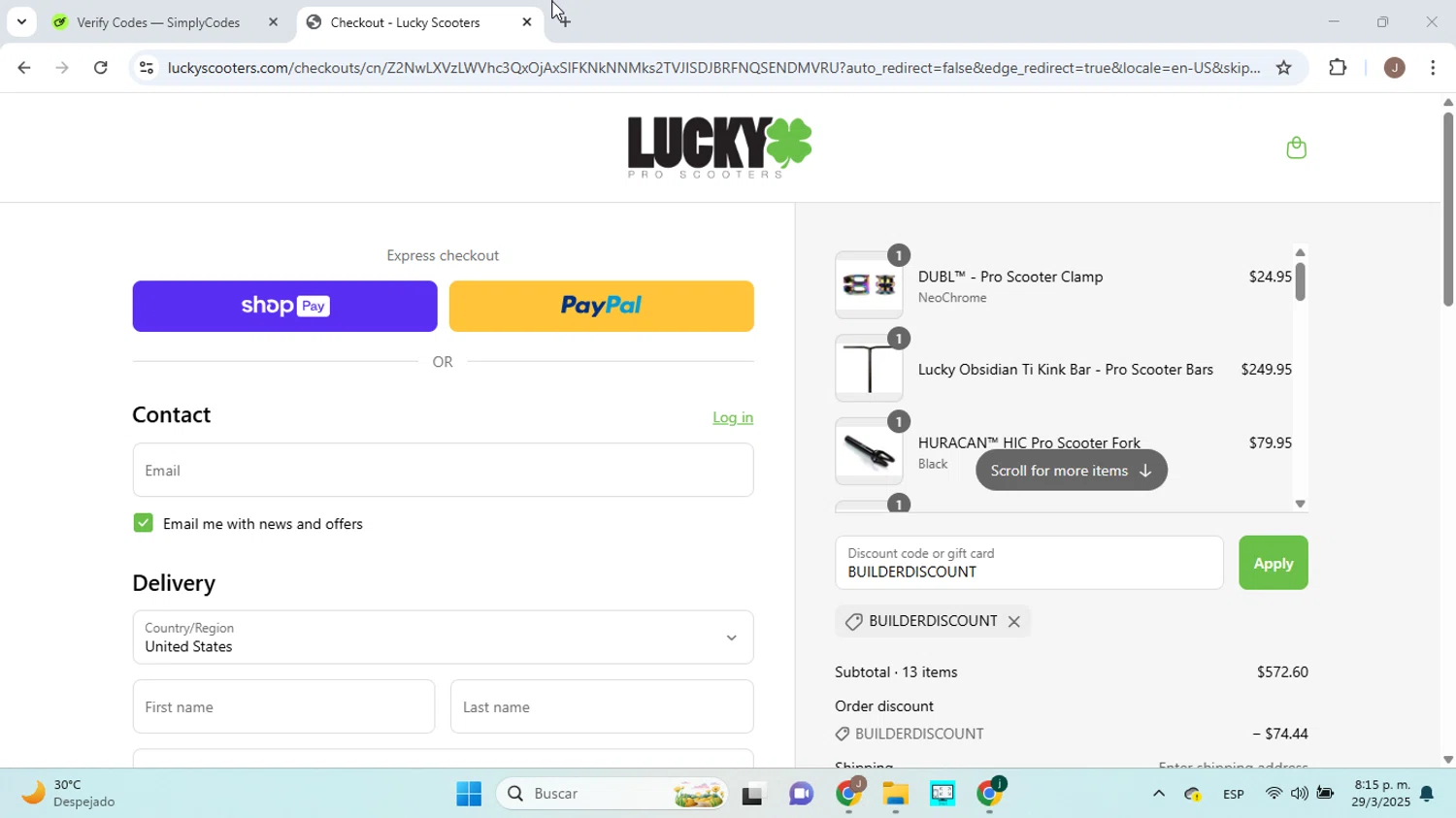 Lucky Scooters promo code screenshot showing code BUILDERDISCOUNT applied at Lucky Scooters checkout page. Uploaded by SimplyCodes community member jorgejavierherrera on Mar 30, 2025
