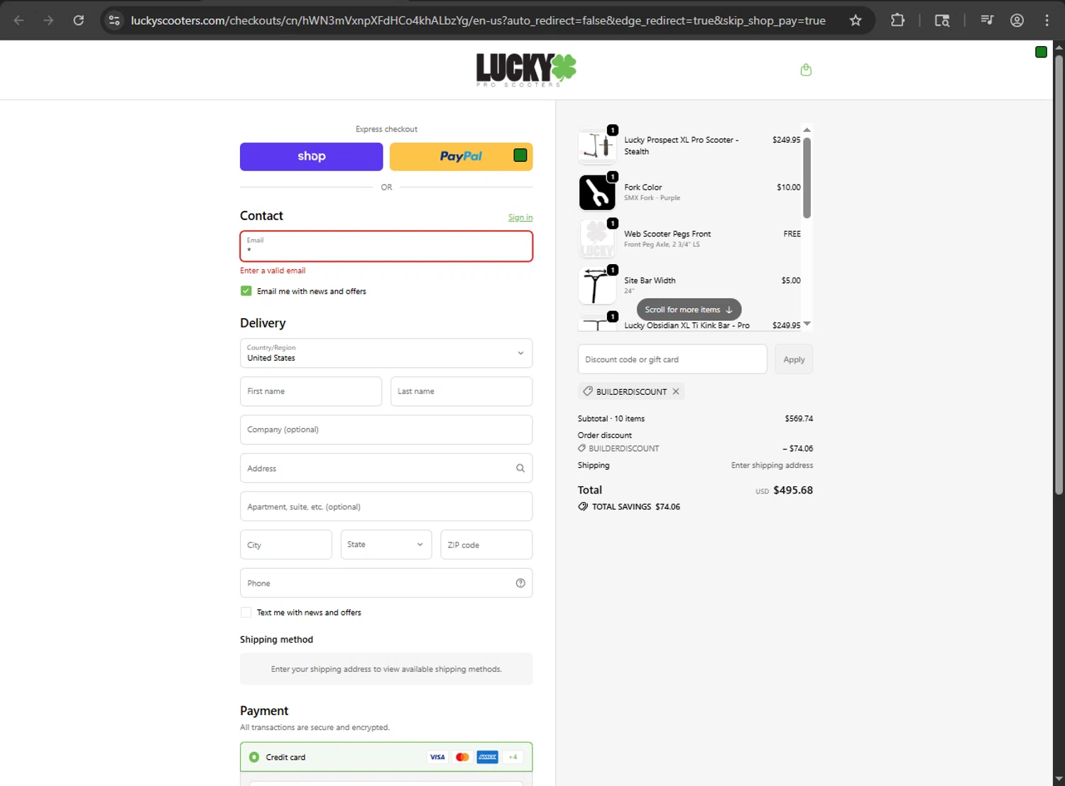 Lucky Scooters promo code screenshot showing code BUILDERDISCOUNT applied at Lucky Scooters checkout page. Uploaded by SimplyCodes community member megagei on Oct 5, 2025