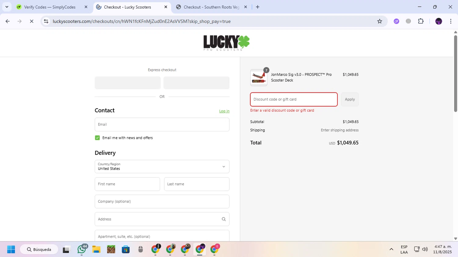Lucky Scooters promo code screenshot showing code JMG20OFF applied at Lucky Scooters checkout page. Uploaded by SimplyCodes community member GloriousGuardian9063 on Aug 11, 2025