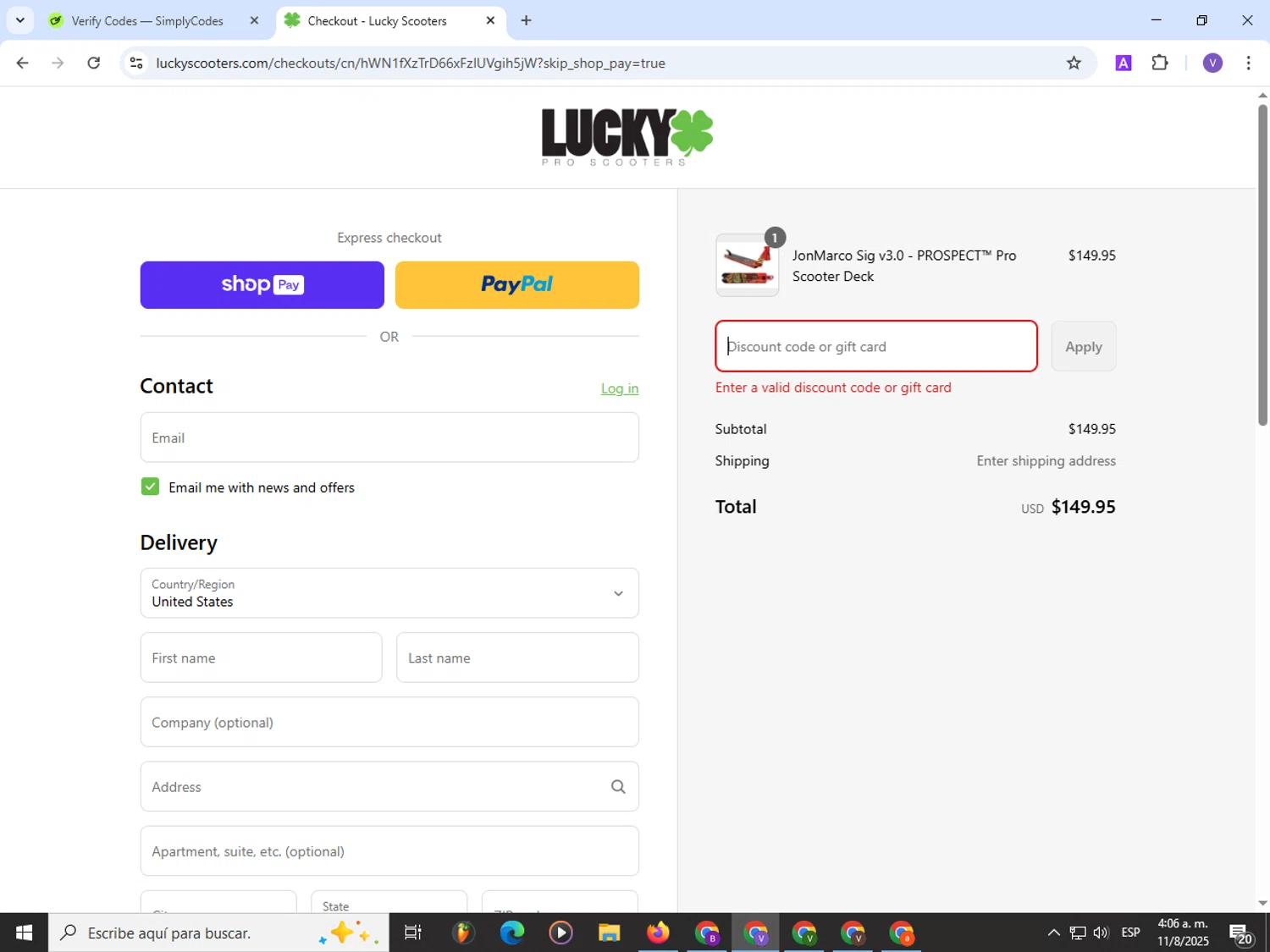 Lucky Scooters promo code screenshot showing code JMG20OFF applied at Lucky Scooters checkout page. Uploaded by SimplyCodes community member Satoru_gojo on Aug 11, 2025