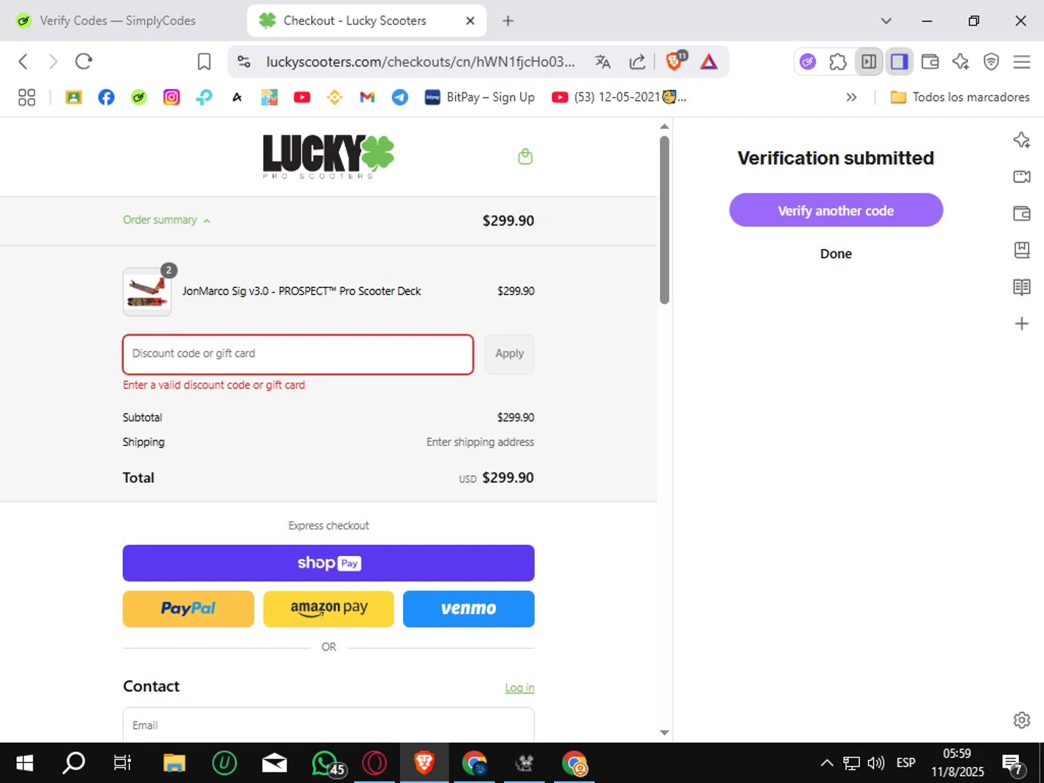 Lucky Scooters promo code screenshot showing code JMG20OFF applied at Lucky Scooters checkout page. Uploaded by SimplyCodes community member Sungjinwoo on Aug 11, 2025