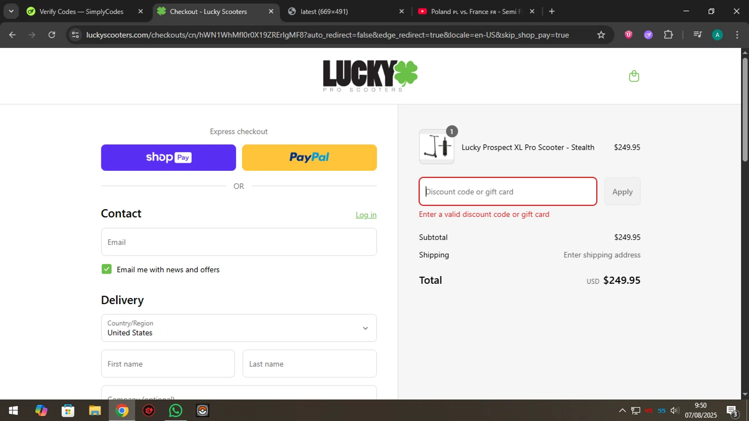 Lucky Scooters promo code screenshot showing code LUCKYDAY10 applied at Lucky Scooters checkout page. Uploaded by SimplyCodes community member Holadiablo on Aug 7, 2025