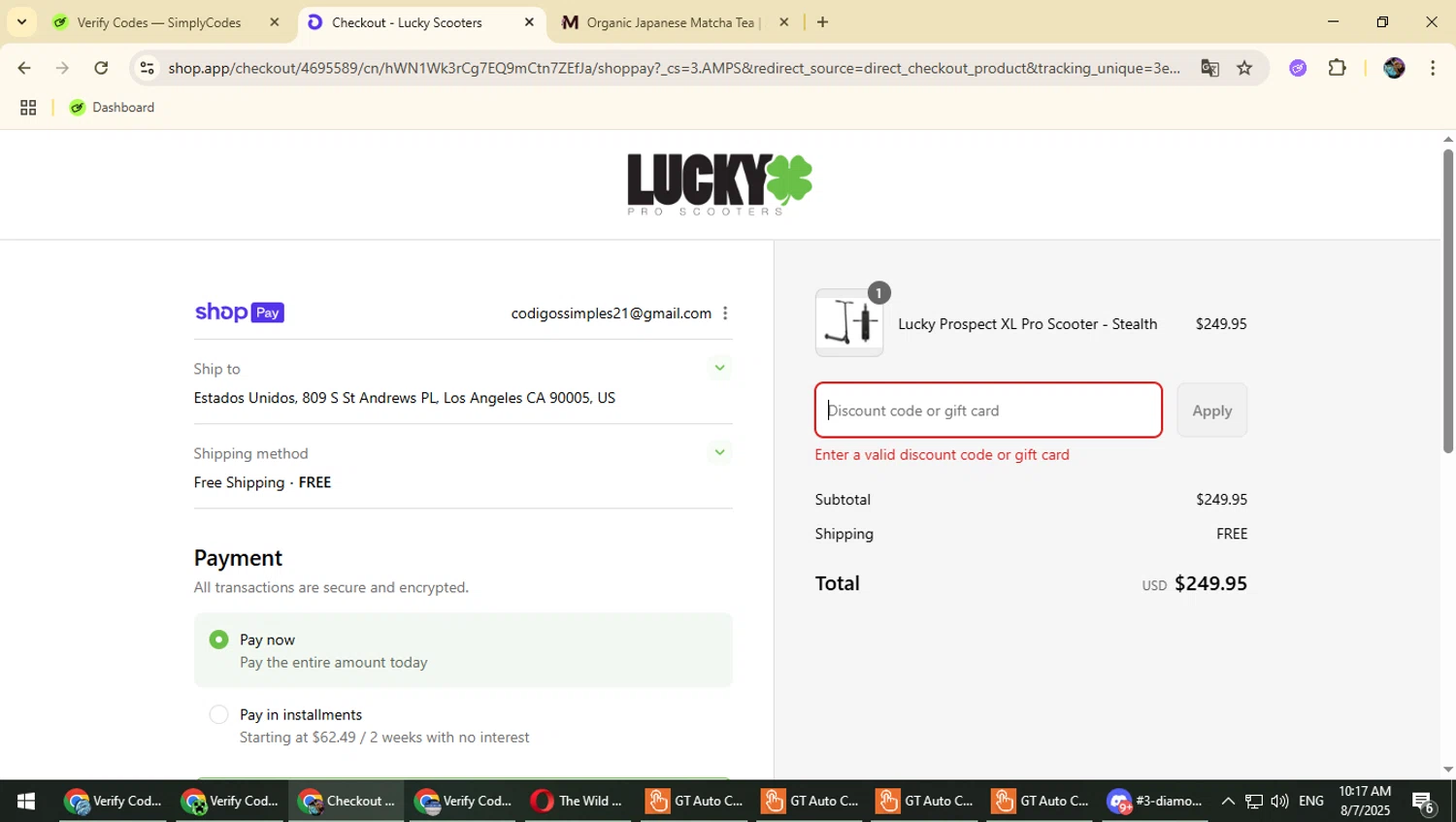 Lucky Scooters promo code screenshot showing code LUCKYDAY10 applied at Lucky Scooters checkout page. Uploaded by SimplyCodes community member Typhlosion on Aug 7, 2025
