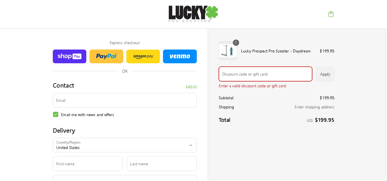 Lucky Scooters promo code screenshot showing code LUCKYDAY10 applied at Lucky Scooters checkout page. Uploaded by SimplyCodes community member xHRxUltrax on Aug 7, 2025