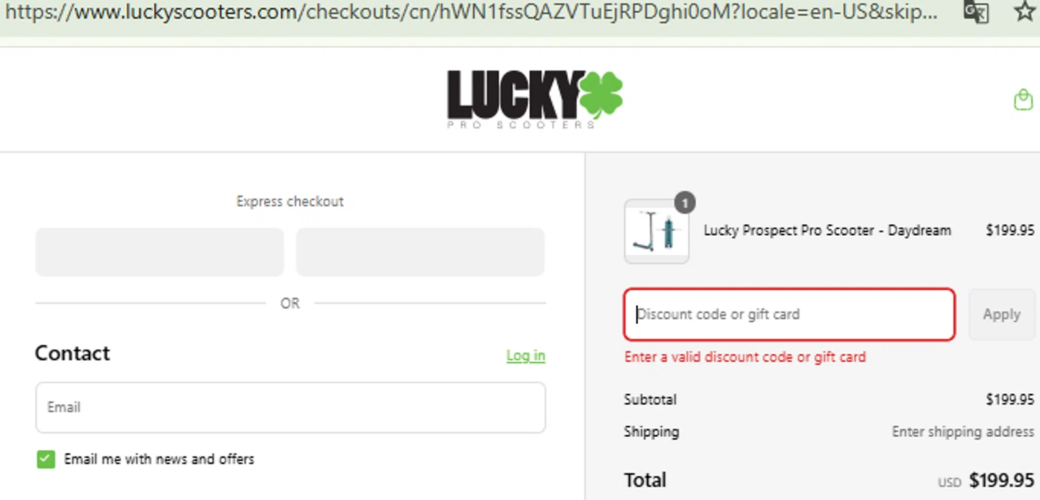 Lucky Scooters promo code screenshot showing code LUCKYDAY2024 applied at Lucky Scooters checkout page. Uploaded by SimplyCodes community member RewardFinder4836 on Aug 11, 2025