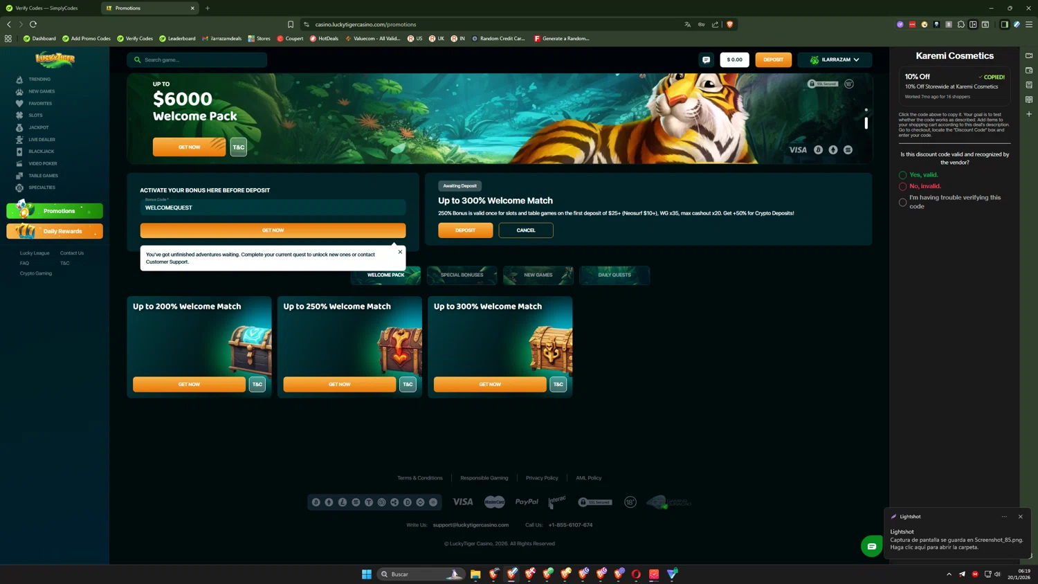 Lucky Tiger promo code screenshot showing code WELCOMEQUEST applied at Lucky Tiger checkout page. Uploaded by SimplyCodes community member SwiftLogic2048 on Jan 20, 2026