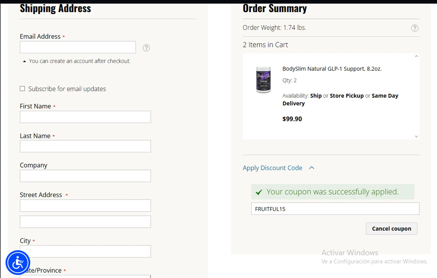 LuckyVitamin promo code screenshot showing code FRUITFUL15 applied at LuckyVitamin checkout page. Uploaded by SimplyCodes community member Gary_23 on Oct 9, 2025