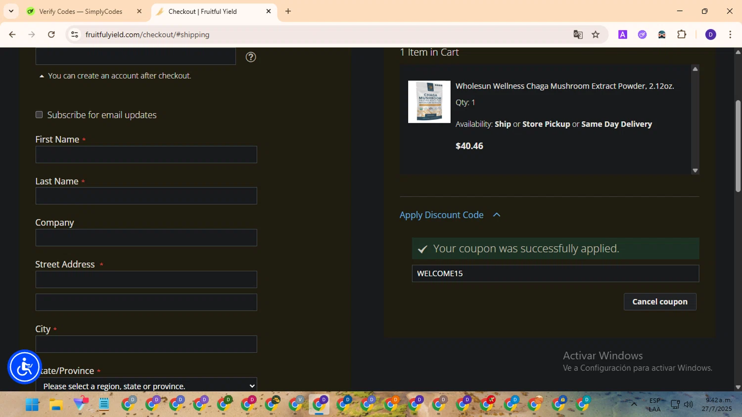 LuckyVitamin promo code screenshot showing code WELCOME15 applied at LuckyVitamin checkout page. Uploaded by SimplyCodes community member MagnificentFinder9583 on Jul 27, 2025