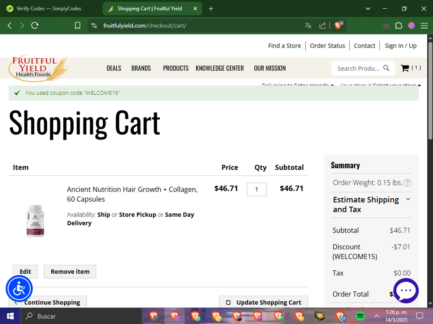 LuckyVitamin promo code screenshot showing code WELCOME15 applied at LuckyVitamin checkout page. Uploaded by SimplyCodes community member PromoScout583 on May 14, 2025
