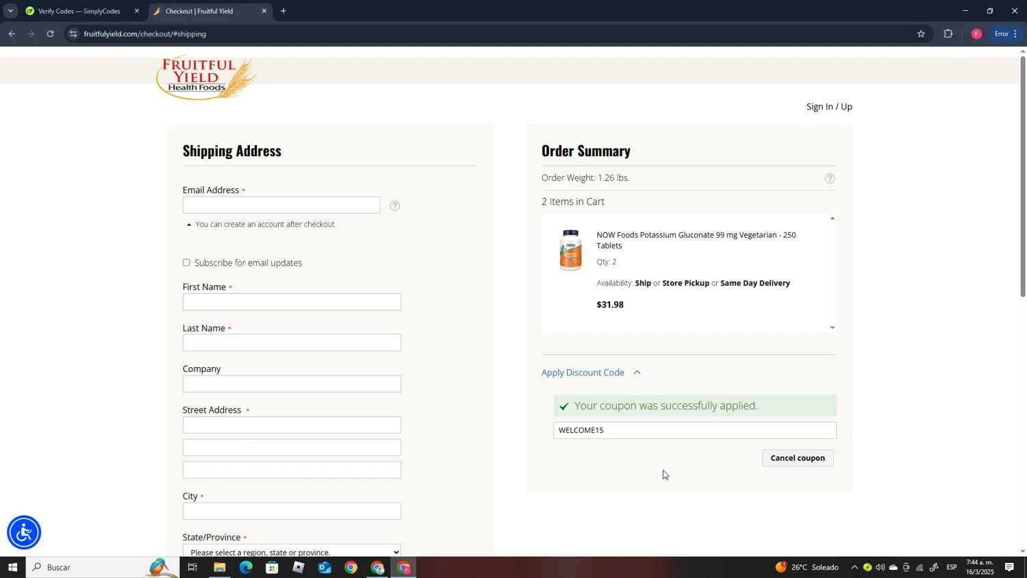 LuckyVitamin promo code screenshot showing code WELCOME15 applied at LuckyVitamin checkout page. Uploaded by SimplyCodes community member CleverMonarch1744 on Mar 16, 2025