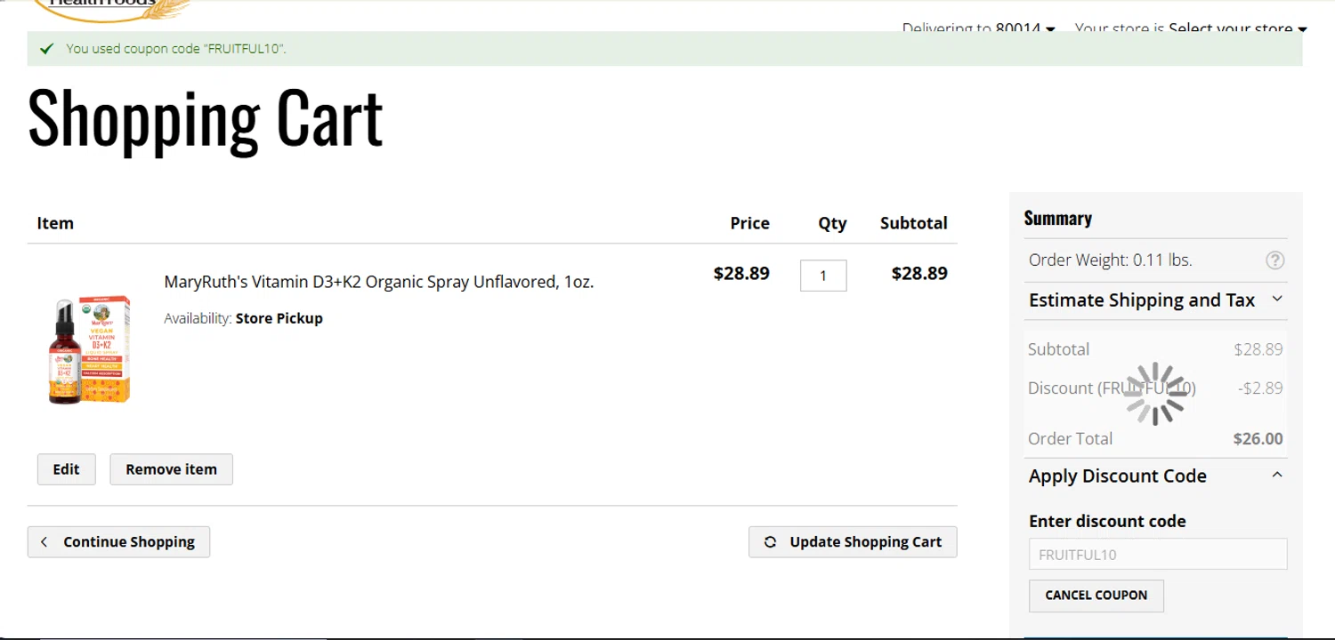 LuckyVitamin promo code screenshot showing code FRUITFUL10 applied at LuckyVitamin checkout page. Uploaded by SimplyCodes community member juanisaac on Oct 21, 2025