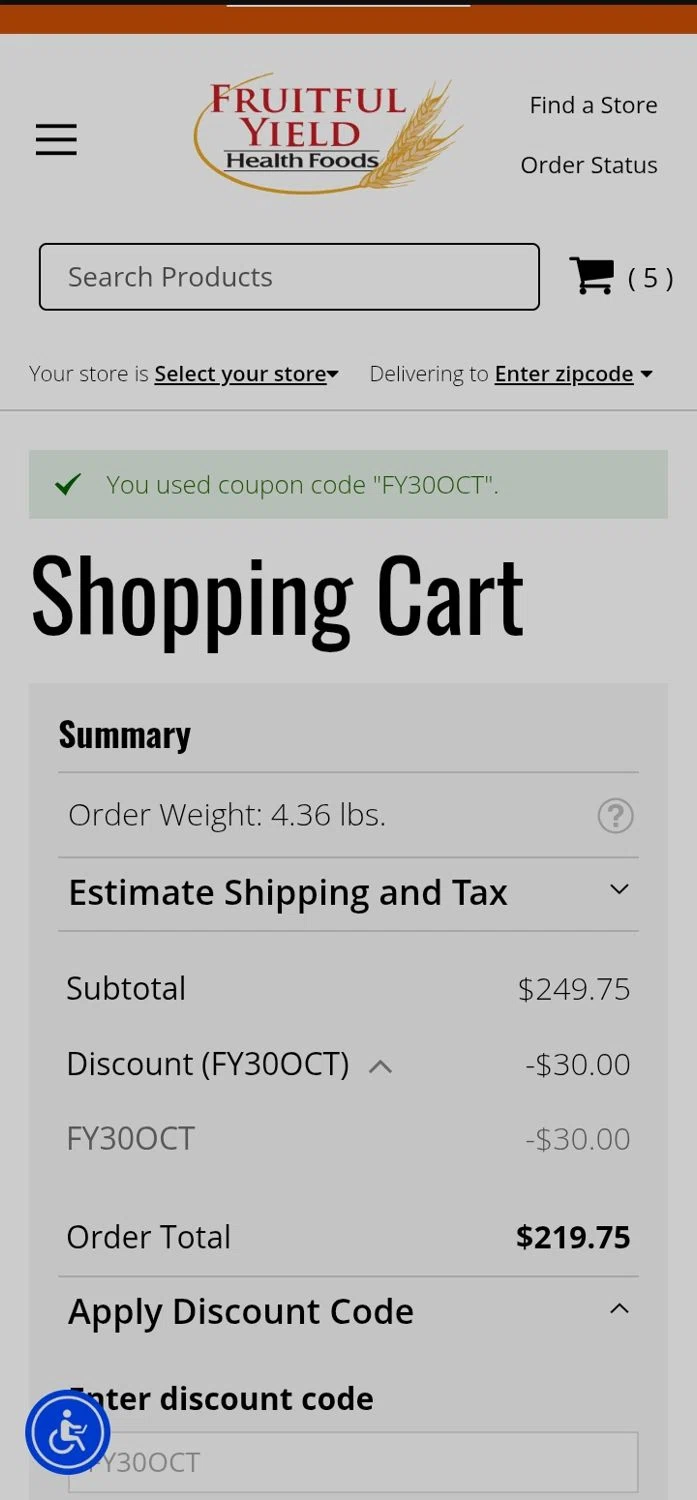 LuckyVitamin promo code screenshot showing code FY30OCT applied at LuckyVitamin checkout page. Uploaded by SimplyCodes community member LegendaryVirtuoso1643 on Oct 12, 2025