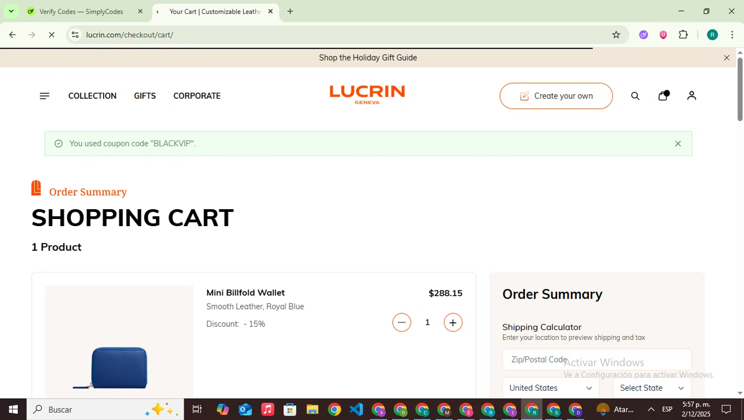Lucrin coupon code screenshot showing code BLACKVIP applied at Lucrin checkout page. Uploaded by SimplyCodes community member SavingsLegend387 on Dec 2, 2025