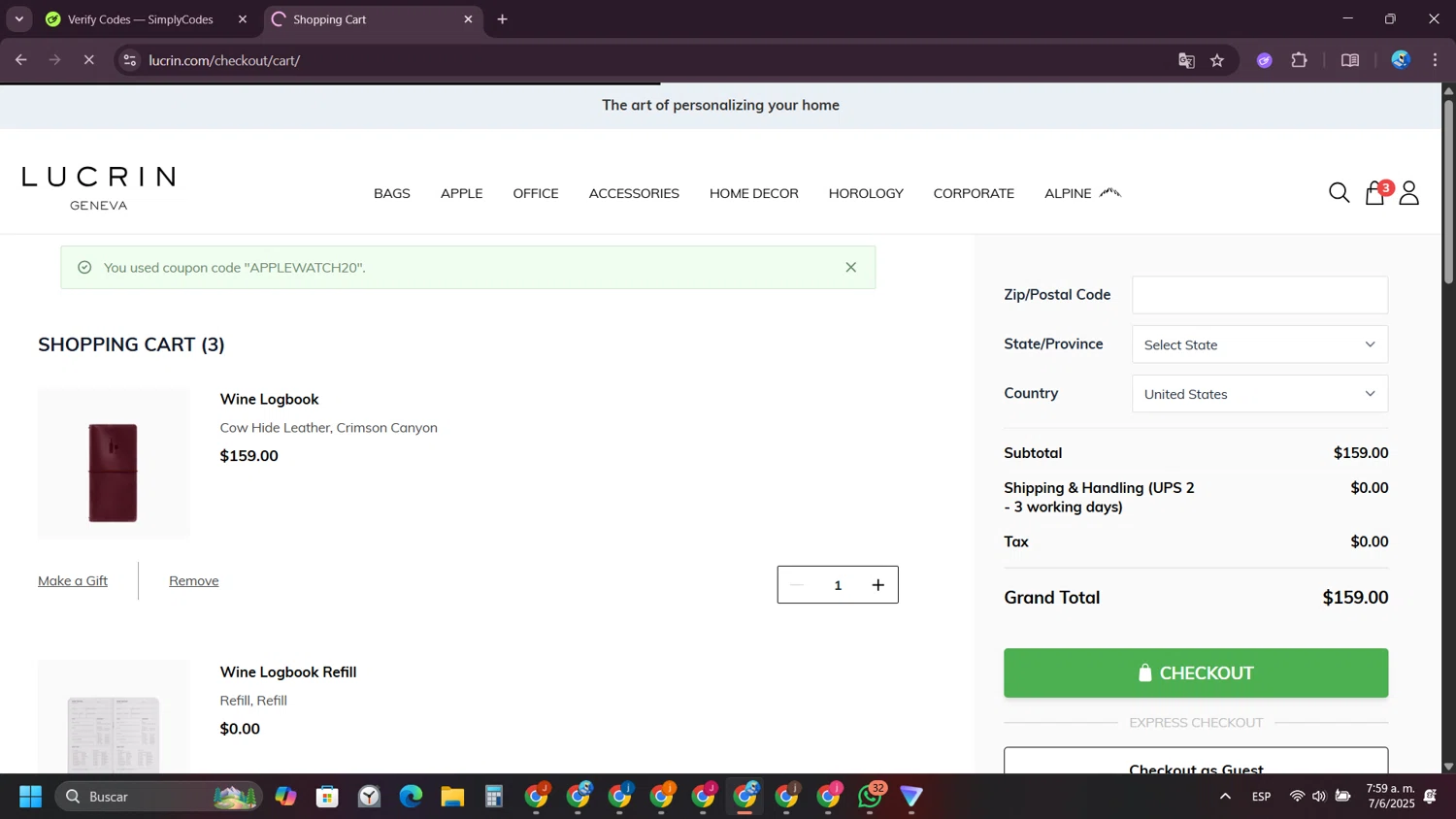 Lucrin coupon code screenshot showing code APPLEWATCH20 applied at Lucrin checkout page. Uploaded by SimplyCodes community member VictoriousPioneer4638 on Jun 7, 2025