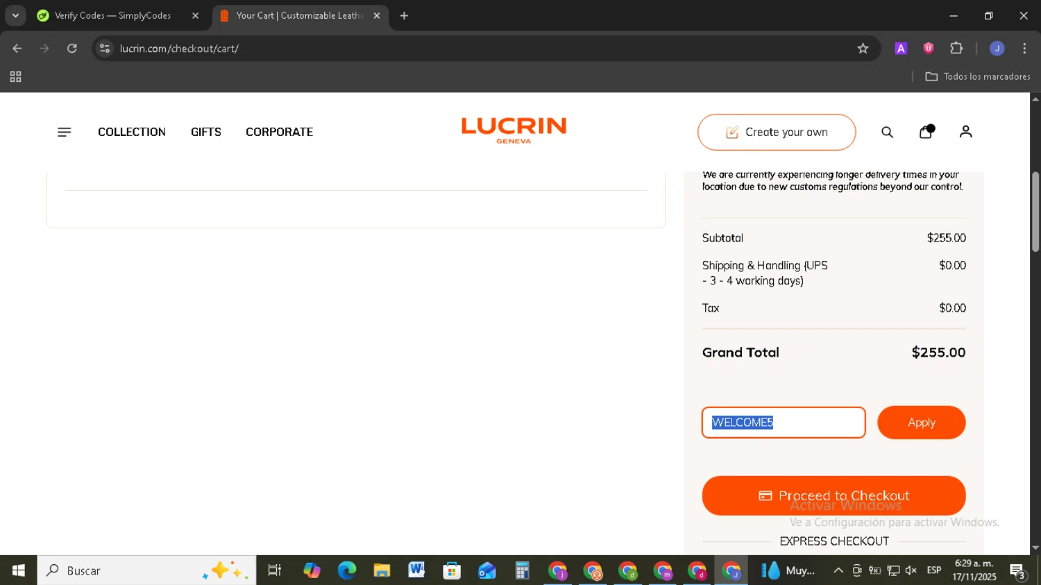 Lucrin coupon code screenshot showing code WELCOME5 applied at Lucrin checkout page. Uploaded by SimplyCodes community member EpicSage3474 on Nov 17, 2025