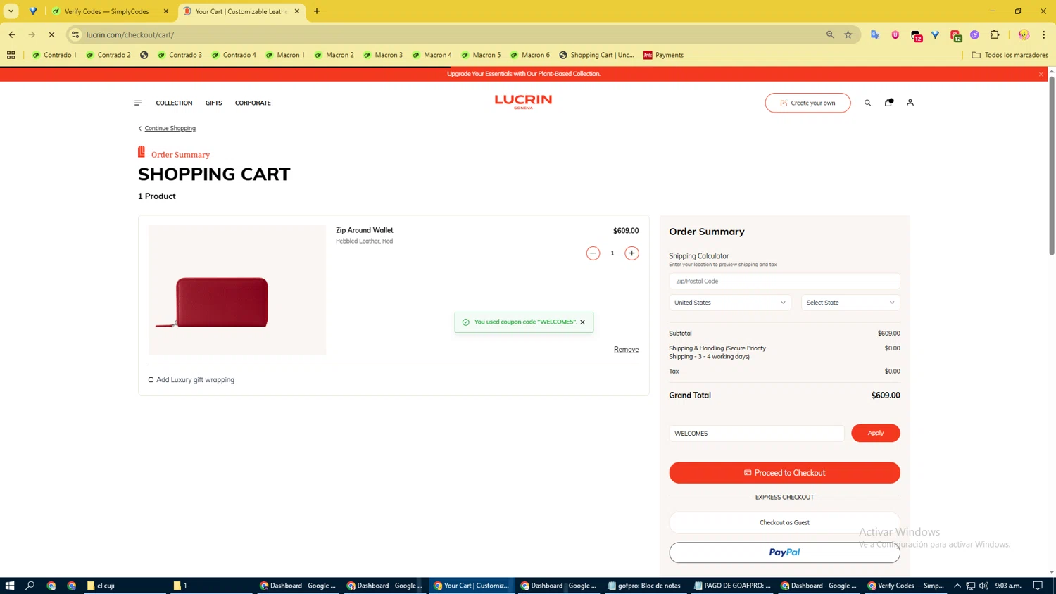 Lucrin coupon code screenshot showing code WELCOME5 applied at Lucrin checkout page. Uploaded by SimplyCodes community member GloriousRanger3439 on Feb 16, 2026