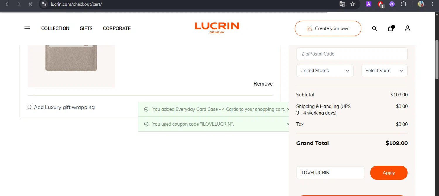 Lucrin coupon code screenshot showing code ILOVELUCRIN applied at Lucrin checkout page. Uploaded by SimplyCodes community member BrilliantFox7966 on Dec 30, 2025
